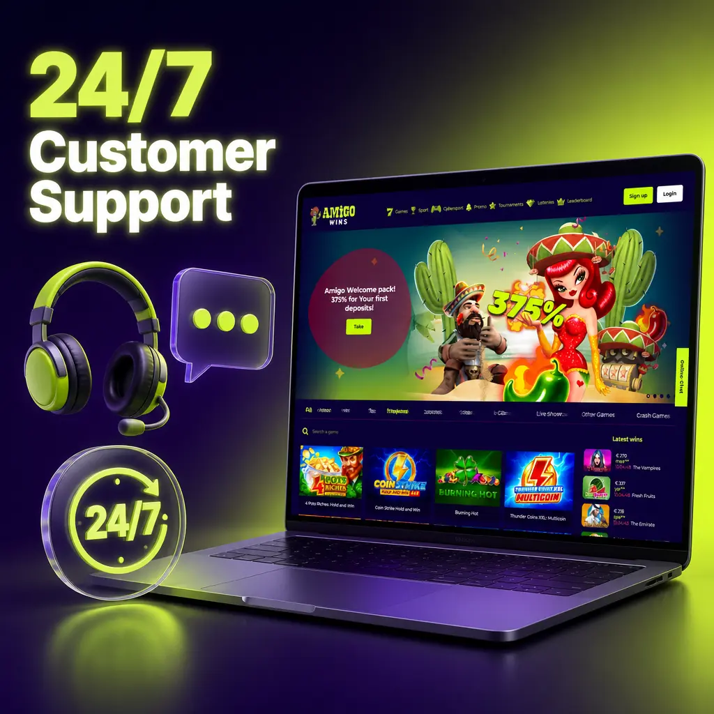 Amigo Wins 24/7 customer support for UK players via live chat, email, and FAQ help centre