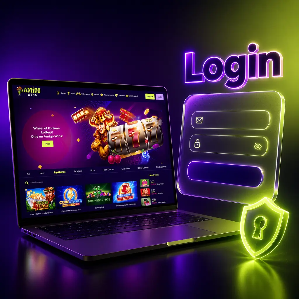 Amigo Wins login page for UK players to access account balance, bets, and bonuses