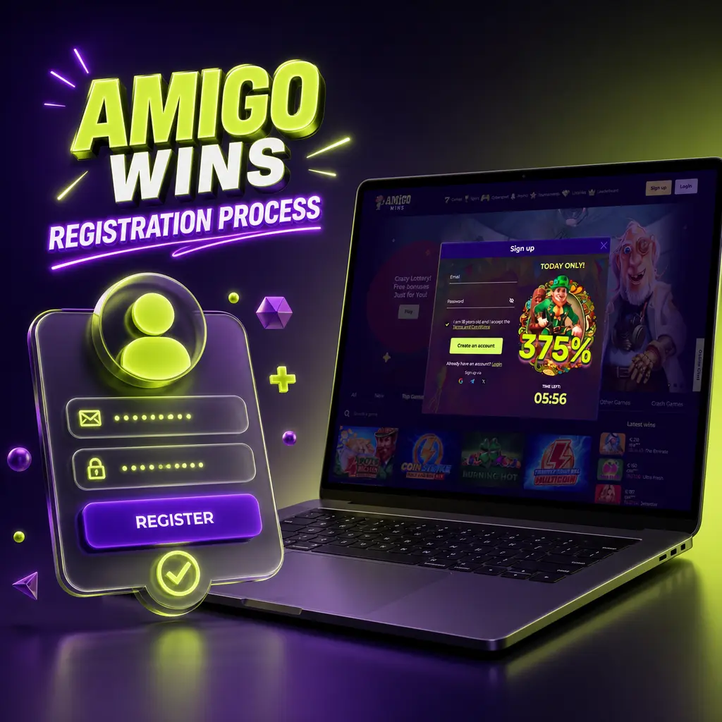 Step-by-step Amigo Wins registration process showing sign-up form, email verification, and identity check for new users.
