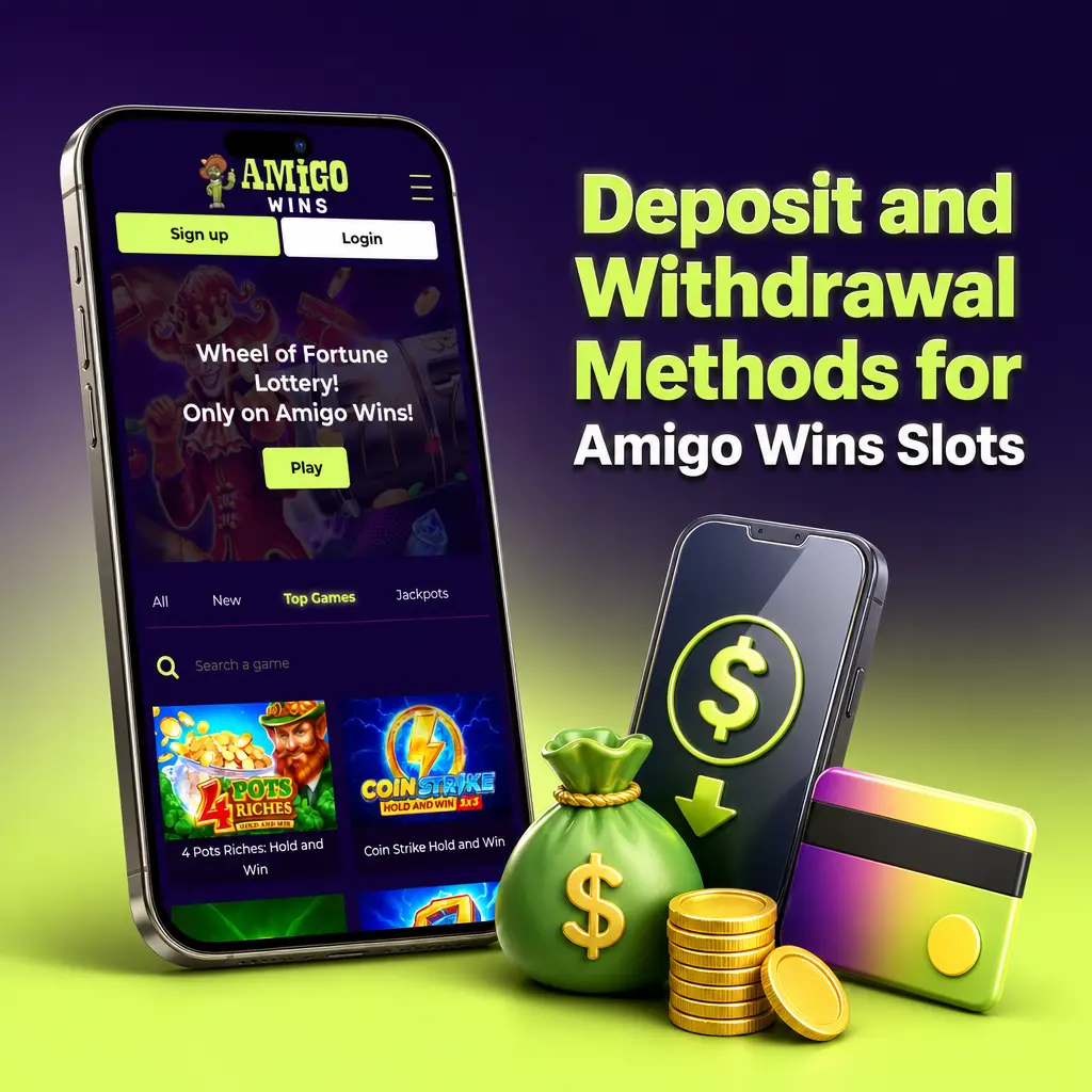 Deposit and withdrawal options at Amigo Wins Slots including Visa, Mastercard, Skrill, Neteller, Bitcoin, and Bank Transfer