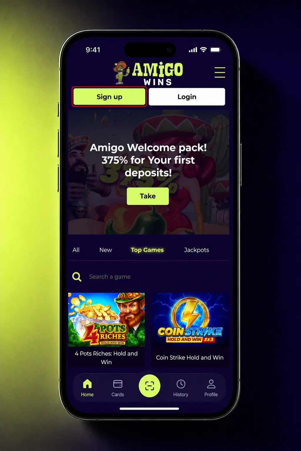 Step-by-step guide showing how to register an account on Amigo Wins in the United Kingdom