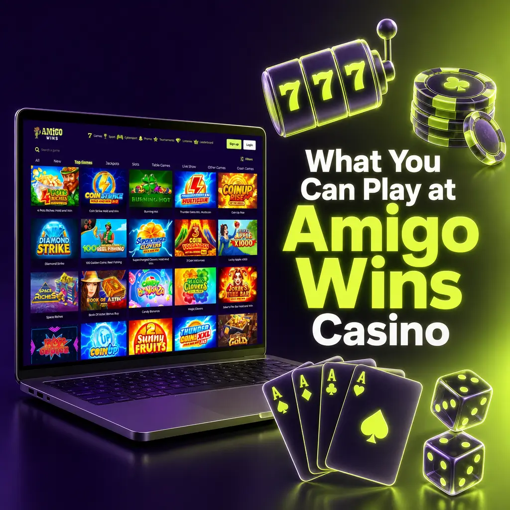 Amigo Wins Casino game lobby featuring slots, live dealer tables, and crash games from 40+ software studios